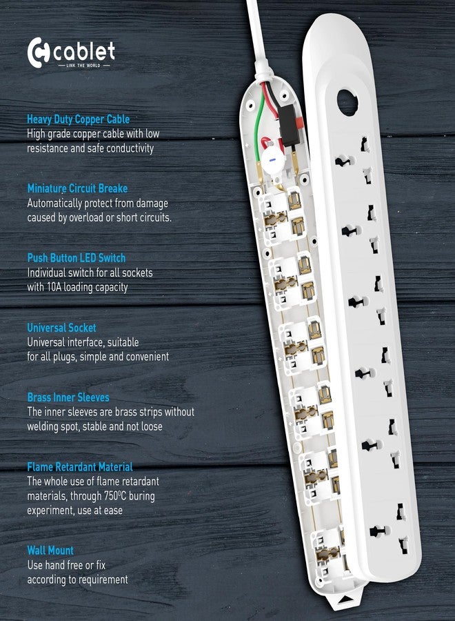 Cablet Extension Board 1500W 6A | 6 Universal Multi Plug Sockets with Surge Protector, Overload Protection, 1.8M Heavy Duty Cord, LED Indicator Master Switch, Spike Guard Power Strip for Home & Office - Image 4